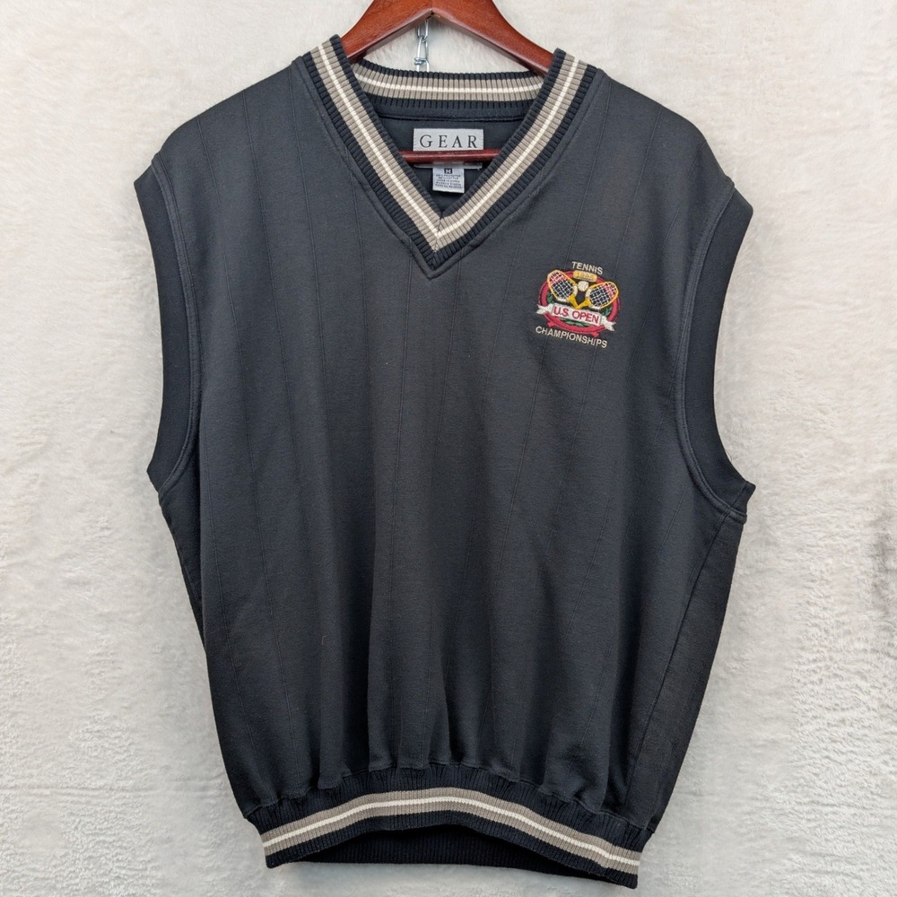 VTG Gear Sweater Vest Men's M Black 1995 US Open Tennis Championships V-Neck 90s